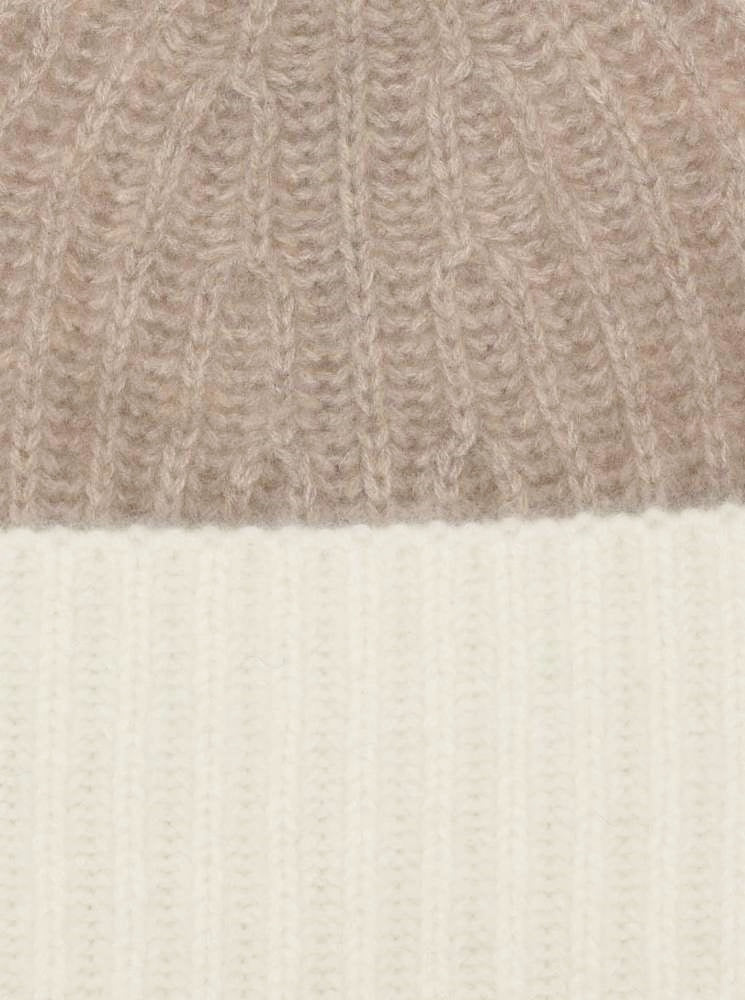 💕 Zwillingsherz Mütze Ribbon Beanie Herren Luxus "Color" 100 % Kaschmir Gerippt Beige Wollweiß