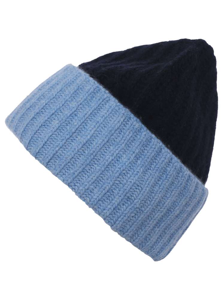 💕 Zwillingsherz Mütze Ribbon Beanie Luxus "Color" 100 % Kaschmir Gerippt Navy Hellblau