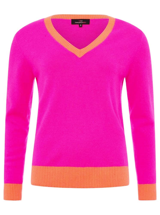 💕 Zwillingsherz Pullover Pulli "V-Neck" 100 % Kaschmir Cashmere Neonpink