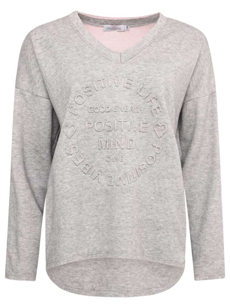 💕 Zwillingsherz Doubleface V-Neck Pullover "Positive Life" Sweatshirt Stempeldruck Hellgrau