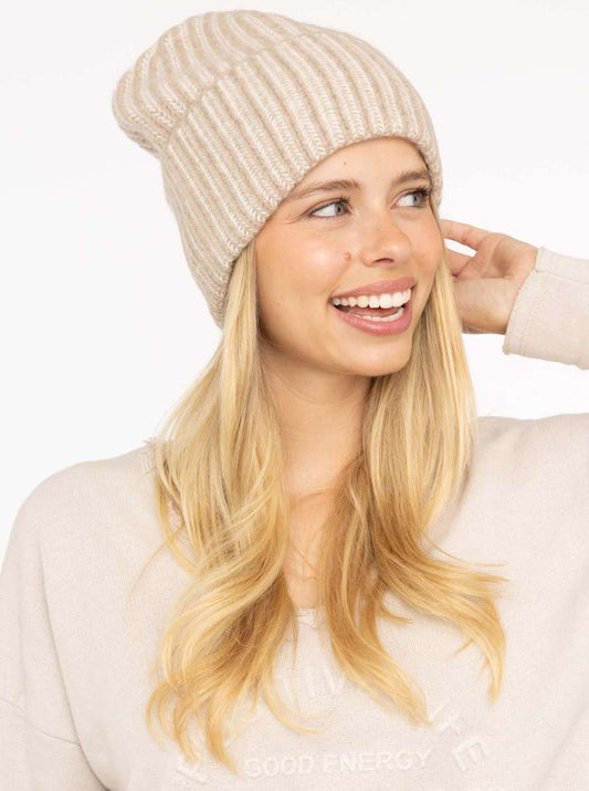 💕 Zwillingsherz Grobstrick Mütze "Two Tone" 100 % Kaschmir Beige