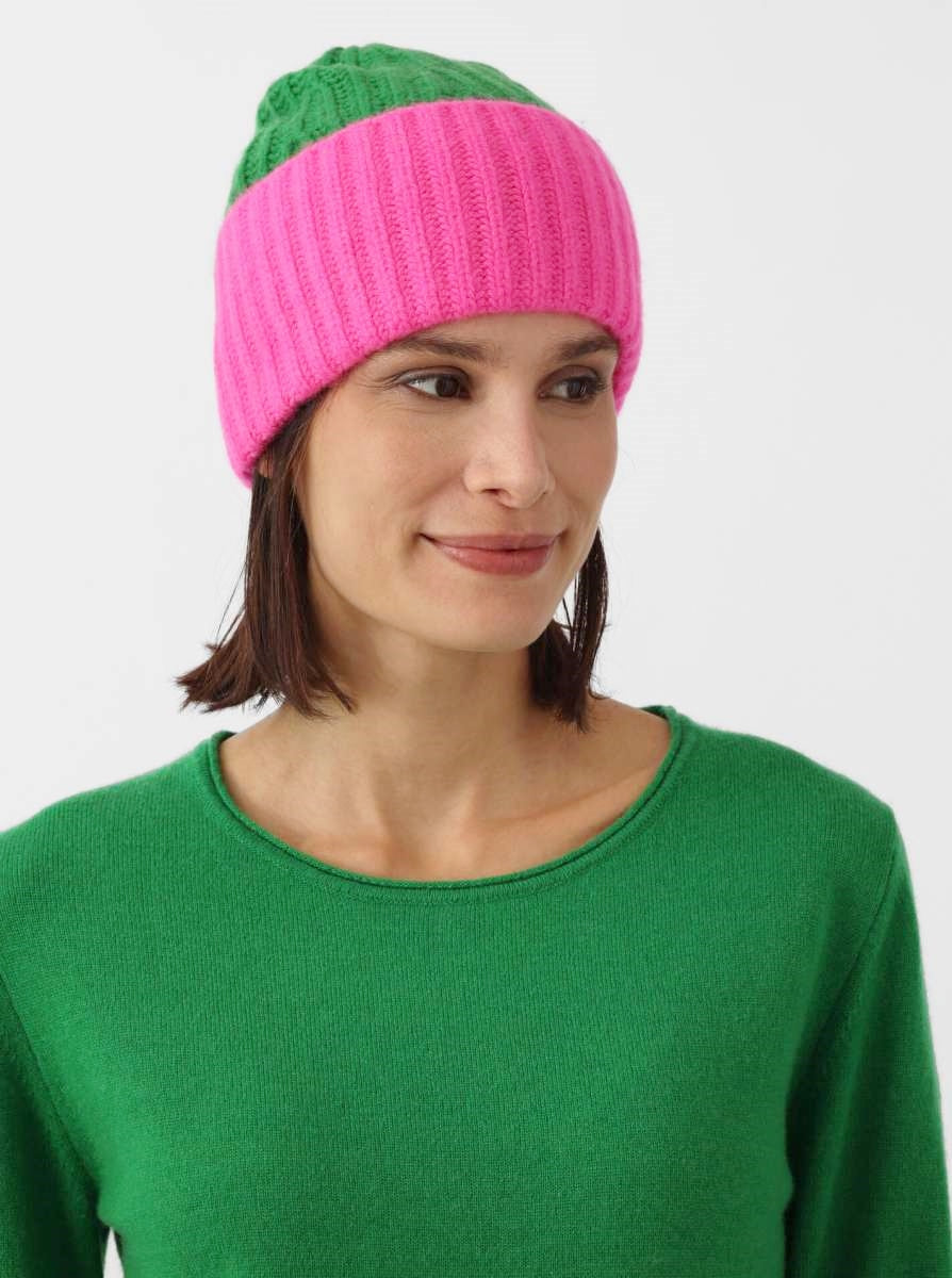 💕 Zwillingsherz Mütze Ribbon Beanie "Luxus Color" 100 % Kaschmir Gerippt Neonpink Grün