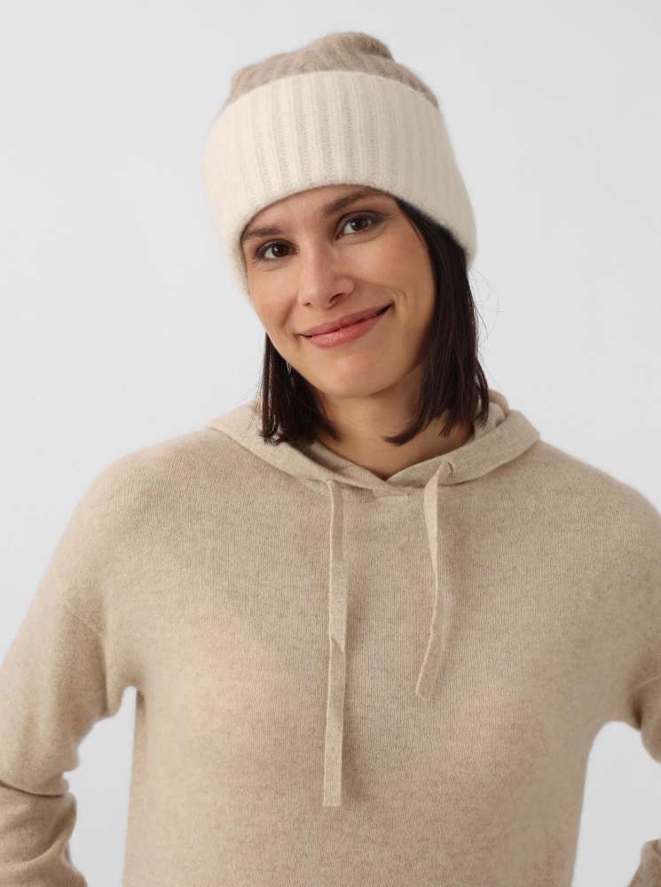 💕 Zwillingsherz Mütze Ribbon Beanie Luxus "Color" 100 % Kaschmir Gerippt Beige Wollweiß