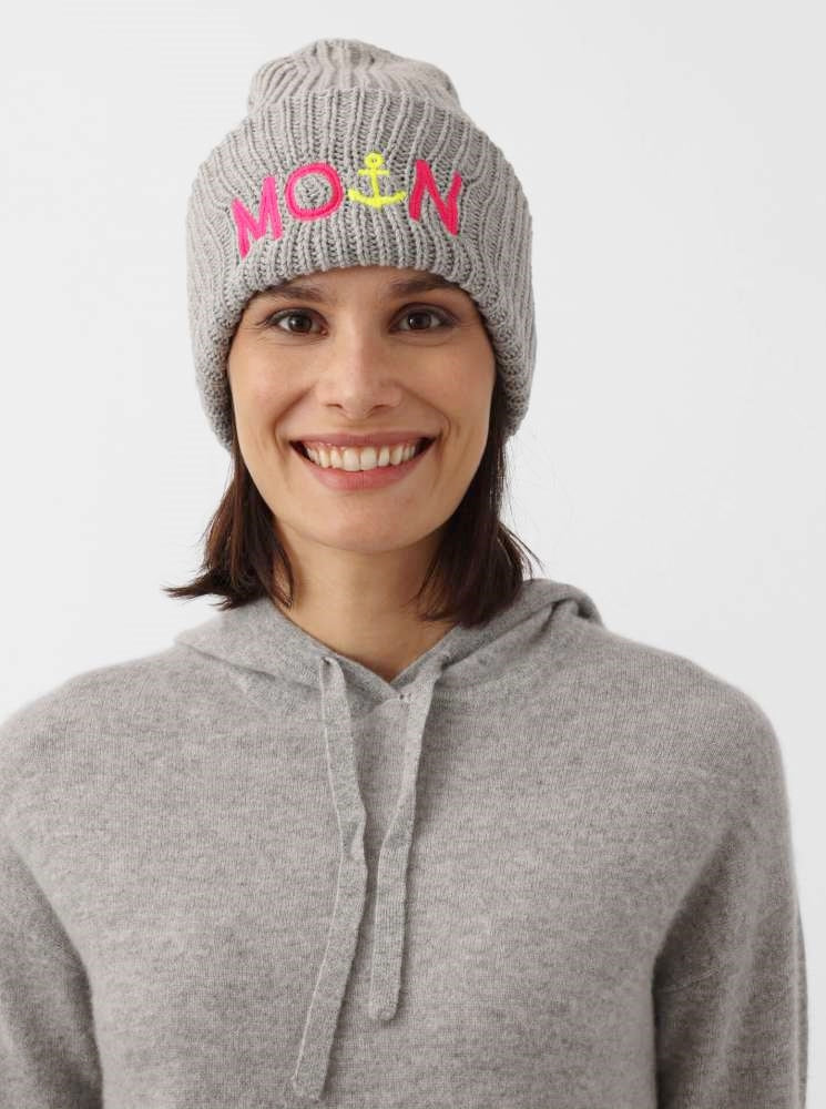 💕 Zwillingsherz Mütze "Moin" Blogger Beanie Wolle Hellgrau