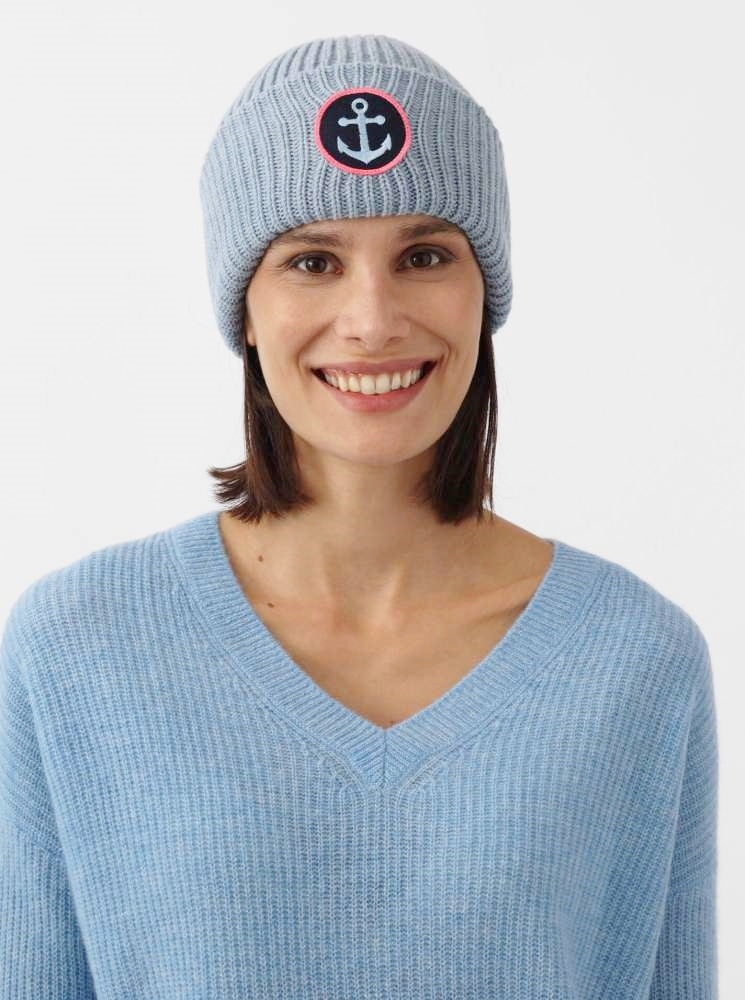 💕 Zwillingsherz Mütze "Anker Patch" Blogger Beanie Wolle Hellblau