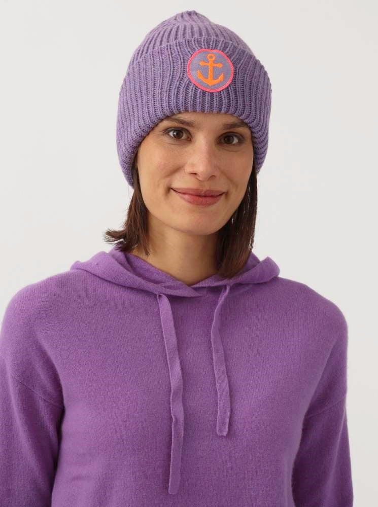 💕 Zwillingsherz Mütze "Anker Patch" Blogger Beanie Wolle Flieder