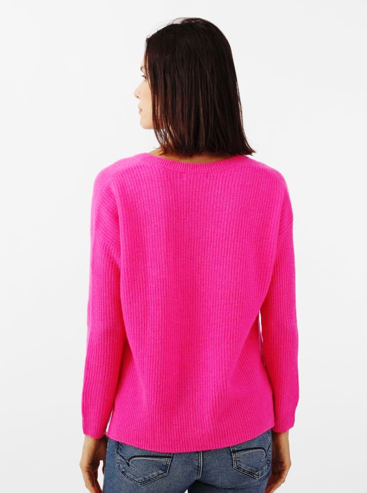 đź’• Zwillingsherz Ribbon V-Neck Pullover Pulli "Nina" 100 % Kaschmir Cashmere Neonpink