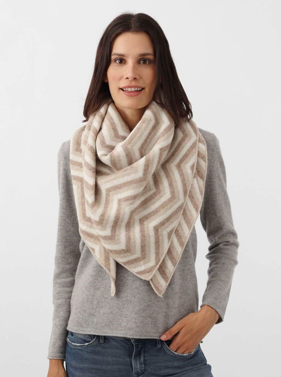 💕 Zwillingsherz Dreieckstuch "Zickzack Streifen" Wolle Kaschmir Beige