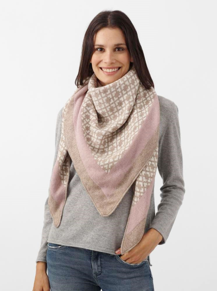💕 Zwillingsherz Dreieckstuch "Raute an Raute" Wolle Kaschmir Beige Altrosa