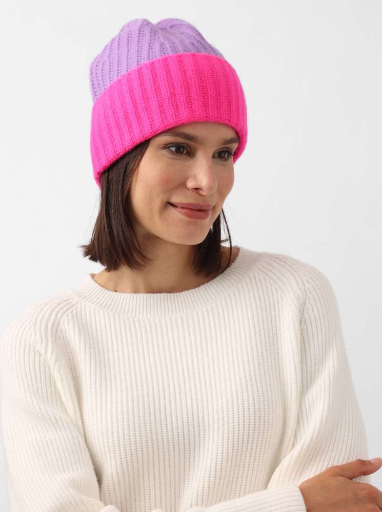 💕 Zwillingsherz Mütze Ribbon Beanie "Luxus Color" 100 % Kaschmir Gerippt Flieder Neonpink
