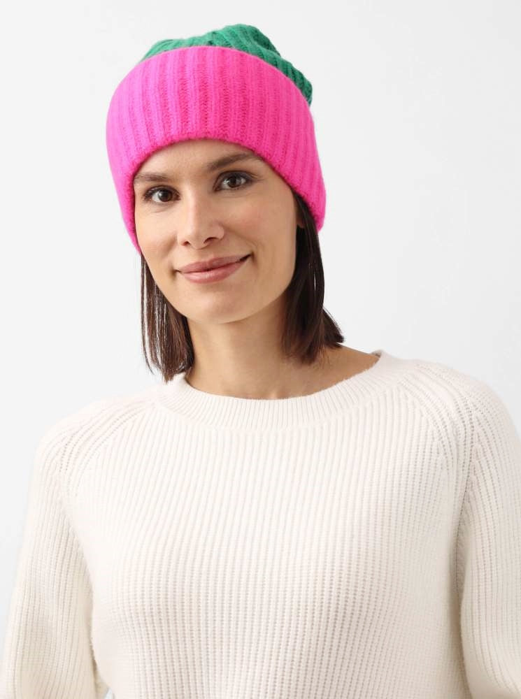 💕 Zwillingsherz Mütze Ribbon Beanie Luxus "Color" 100 % Kaschmir Gerippt Neonpink Grün