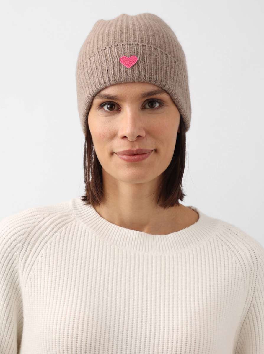 💕 Zwillingsherz Mütze "Heart" 100 % Kaschmir Umschlag Beige