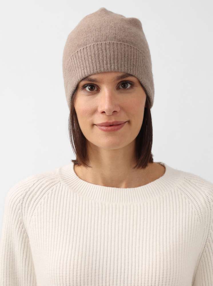 💕 Zwillingsherz Mütze "Ribbon Edge Beanie" 100 % Kaschmir Dunkelbeige