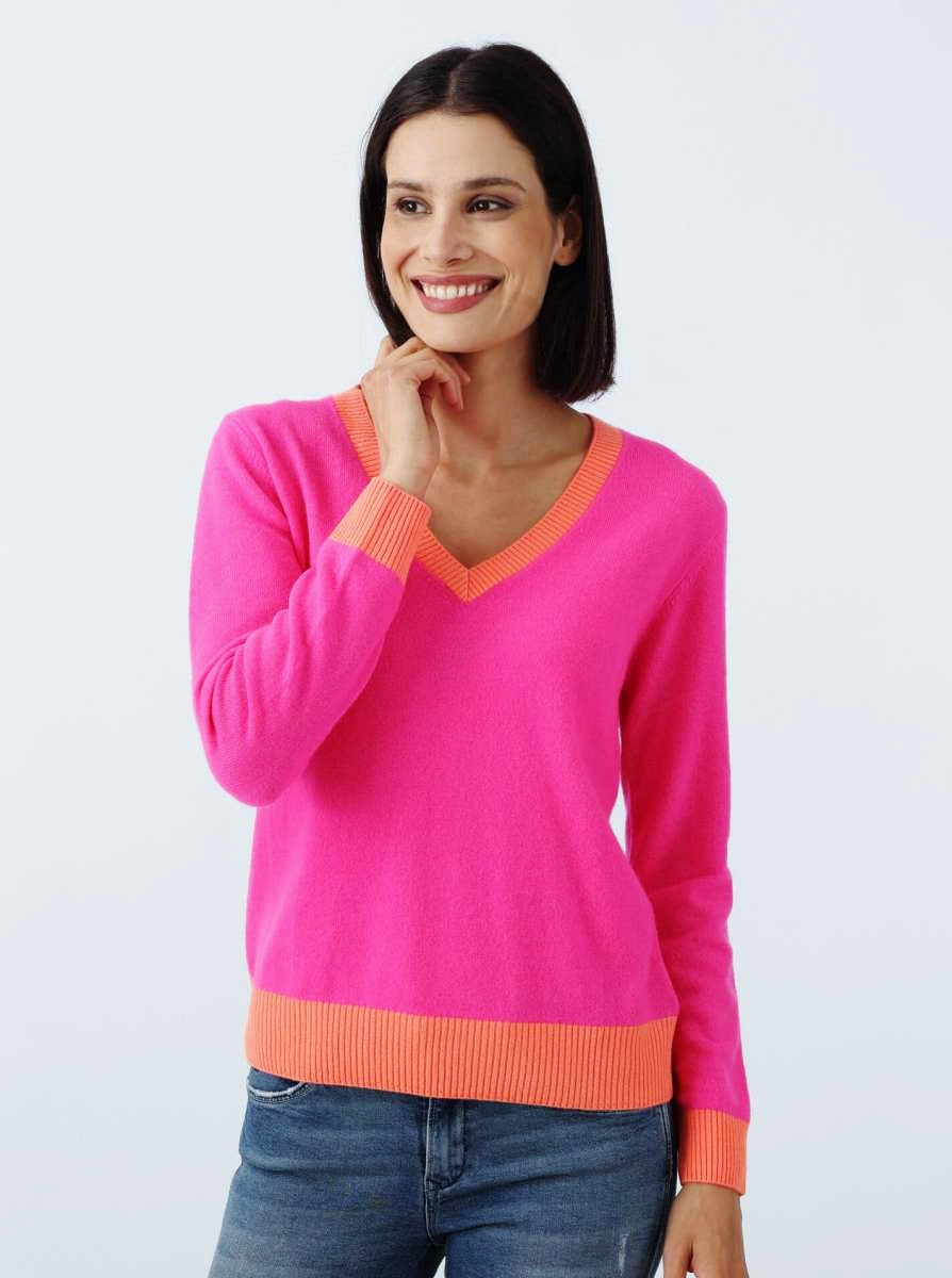 đź’• Zwillingsherz Pullover Pulli "V-Neck" 100 % Kaschmir Cashmere Neonpink