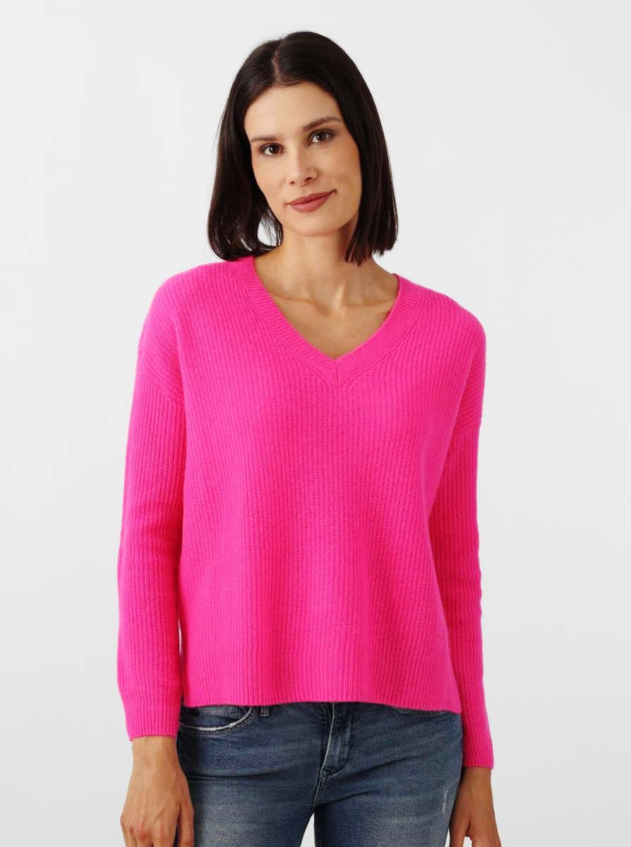 đź’• Zwillingsherz Ribbon V-Neck Pullover Pulli "Nina" 100 % Kaschmir Cashmere Neonpink