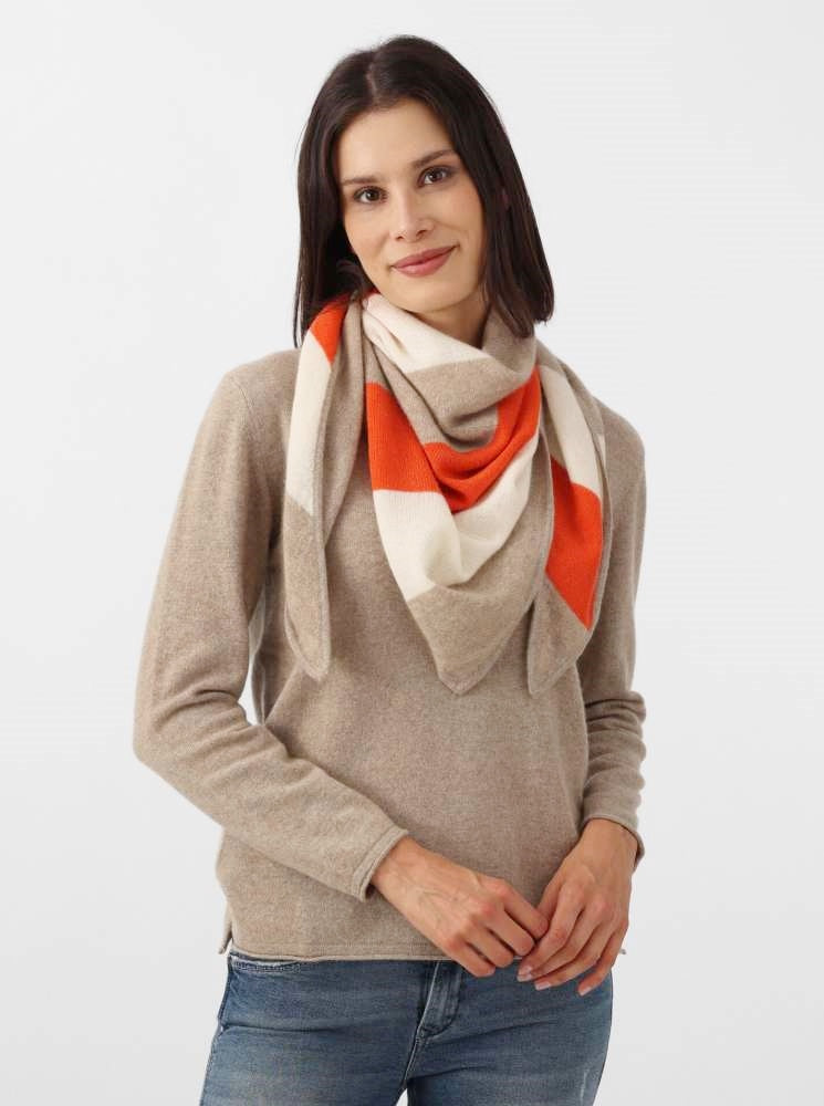 💕 Zwillingsherz Dreieckstuch "Streifen" 100 % Cashmere Kaschmir Beige Orange