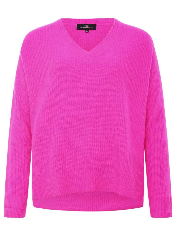 đź’• Zwillingsherz Ribbon V-Neck Pullover Pulli "Nina" 100 % Kaschmir Cashmere Neonpink