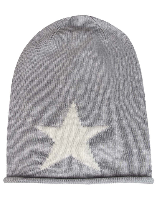 💕 Zwillingsherz Mütze "Sternlein" Beanie Kaschmir Wolle Viskose Fleece Hellgrau