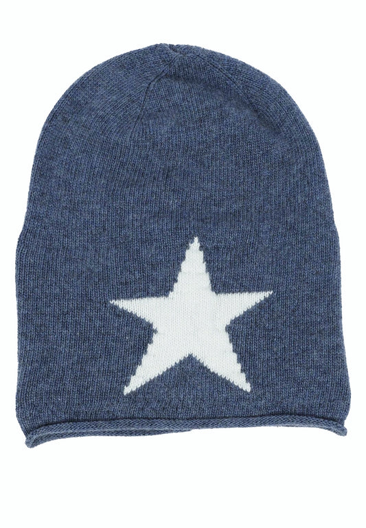 💕 Zwillingsherz Mütze "Sternlein" Beanie Kaschmir Wolle Viskose Fleece Jeansblau