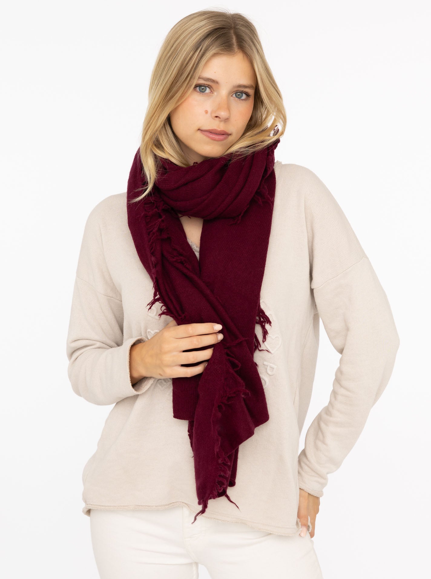 💕 Zwillingsherz XXL "Fransenschal" 100 % Cashmere Schal Kaschmir Bordeaux