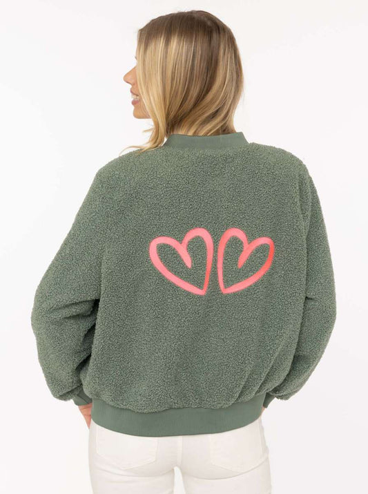 💕 Zwillingsherz Bomberjacke Teddy "Good Vibes" Salbei