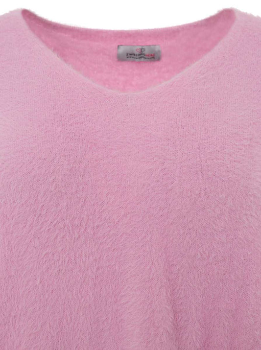 💕 Zwillingsherz Kurzarm Pullover Mohair-Optik "Uni" Rosa