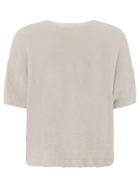 💕 Zwillingsherz Kurzarm Pullover Mohair-Optik "Uni" Beige