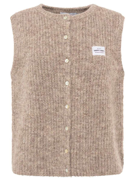 💕 Zwillingsherz Strickweste mit Knöpfen und Patch Hellbraun