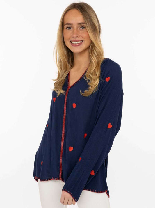 💕 Zwillingsherz Bluse "Gestickte Herzen" 100 % Viskose Marine