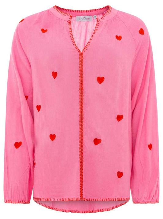 💕 Zwillingsherz Bluse "Gestickte Herzen" 100 % Viskose Pink