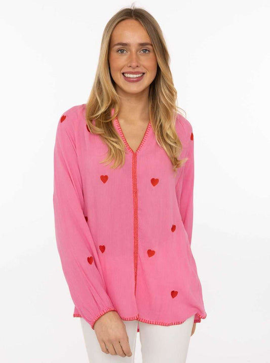 💕 Zwillingsherz Bluse "Gestickte Herzen" 100 % Viskose Pink