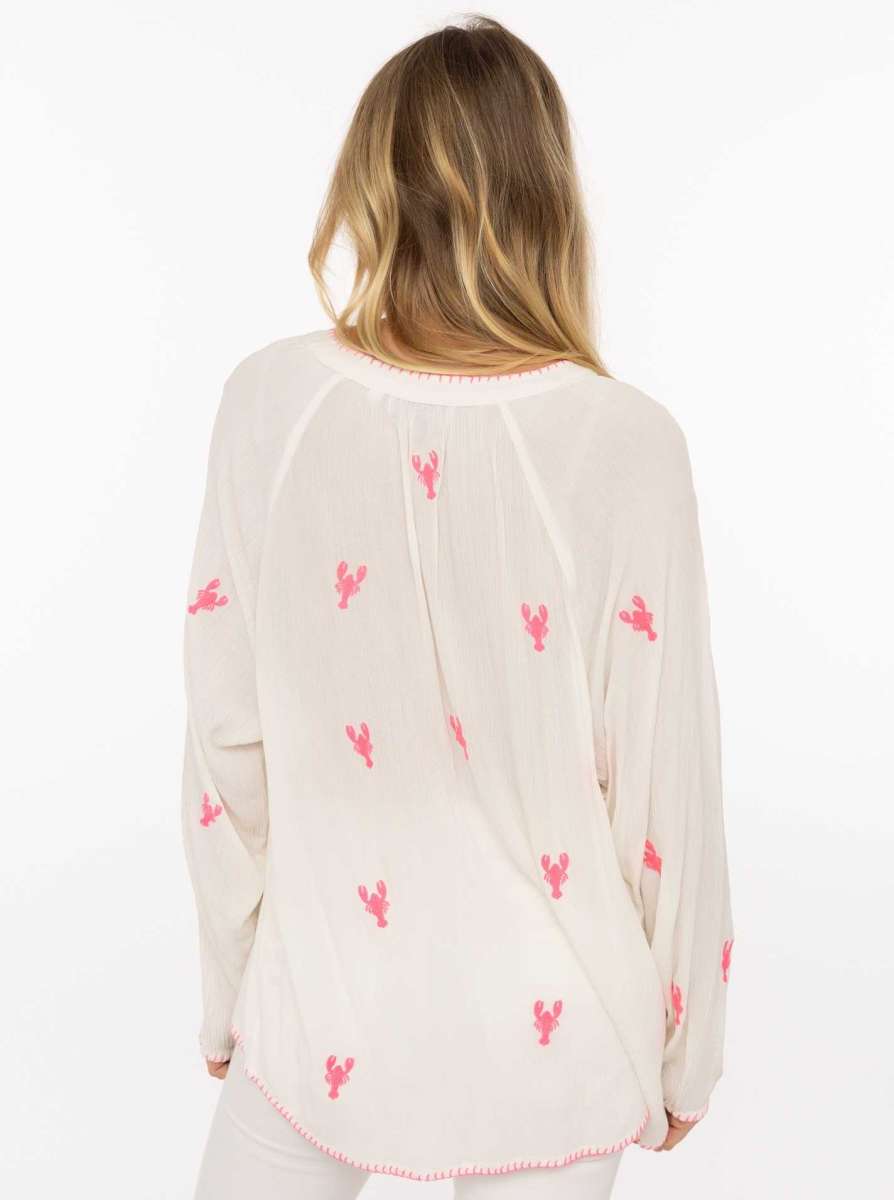 💕 Zwillingsherz Bluse "Gestickte Hummer" 100 % Viskose Weiß