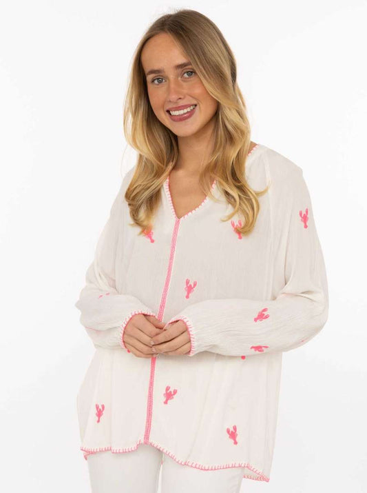 💕 Zwillingsherz Bluse "Gestickte Hummer" 100 % Viskose Weiß