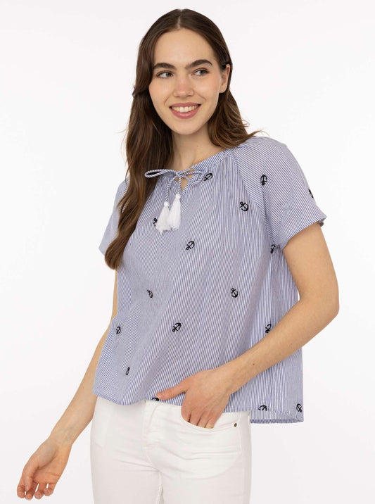 💕 Zwillingsherz Bluse Kurzarm "Stripes & Stitch Anker" Marine