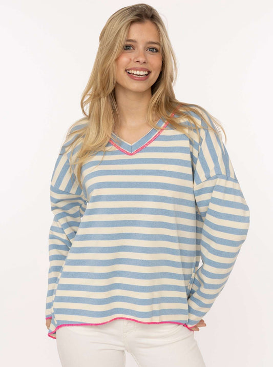 💕 Zwillingsherz Sweatshirt "Neon Streifen" V-Neck Sweater Oversize Hellblau