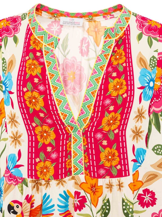 💕 Zwillingsherz Maxikleid Viskose "Summer Birds" Pink