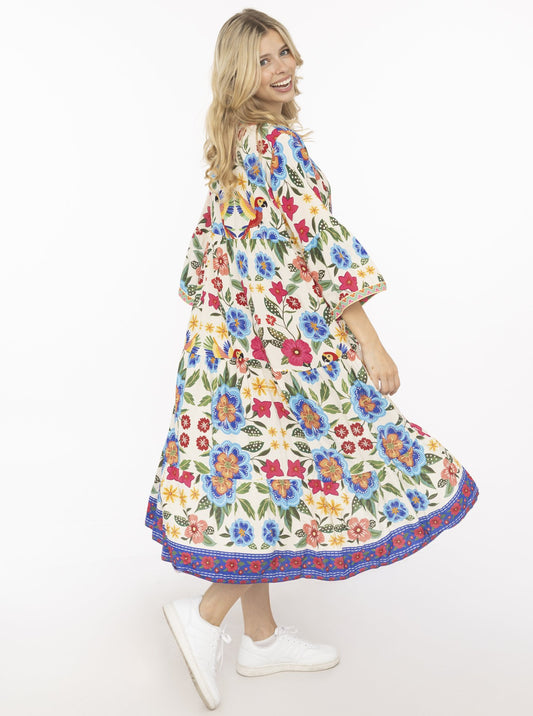 💕 Zwillingsherz Maxikleid Viskose "Summer Birds" Blau
