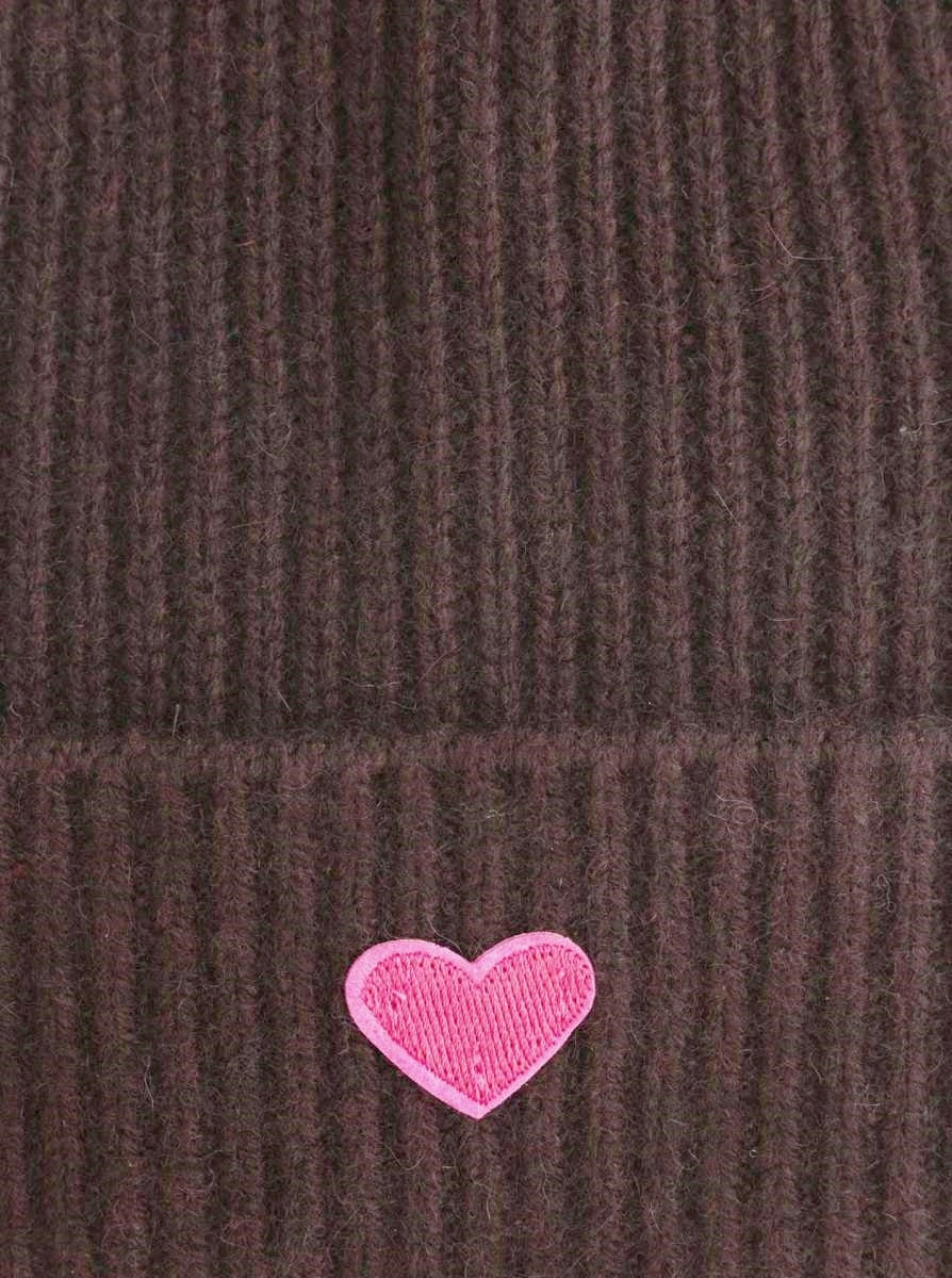 đ Zwillingsherz MĂŒtze "Ribbon Patch Herz" 100 % Kaschmir Umschlag Braun