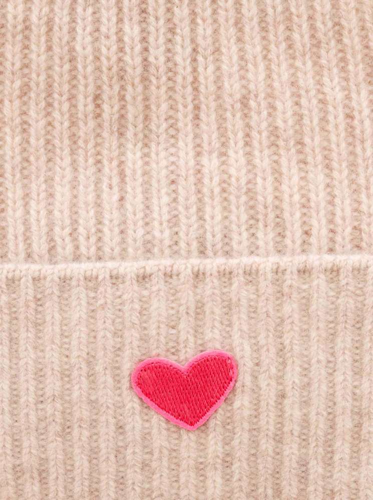 💕 Zwillingsherz Mütze "Ribbon Patch Herz" 100 % Kaschmir Umschlag Hellbeige