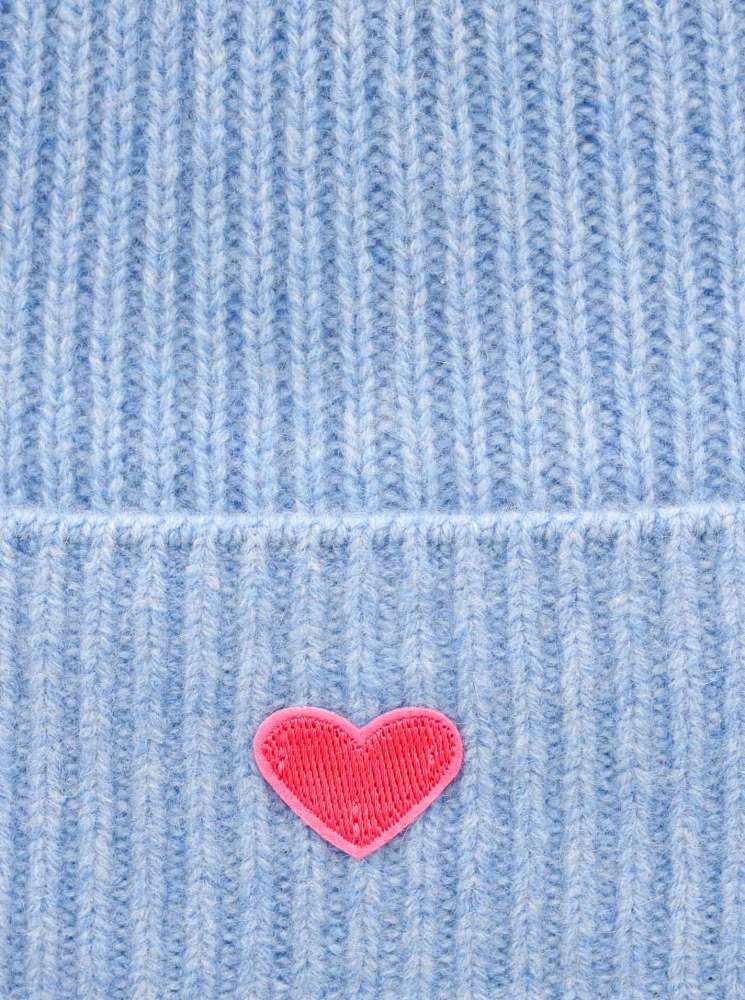 💕 Zwillingsherz Mütze "Ribbon Patch Herz" 100 % Kaschmir Umschlag Hellblau