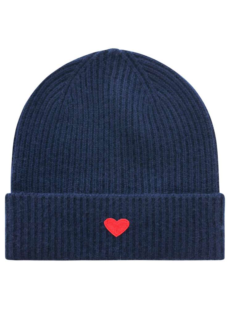 💕 Zwillingsherz Mütze "Ribbon Patch Herz" 100 % Kaschmir Umschlag Navy