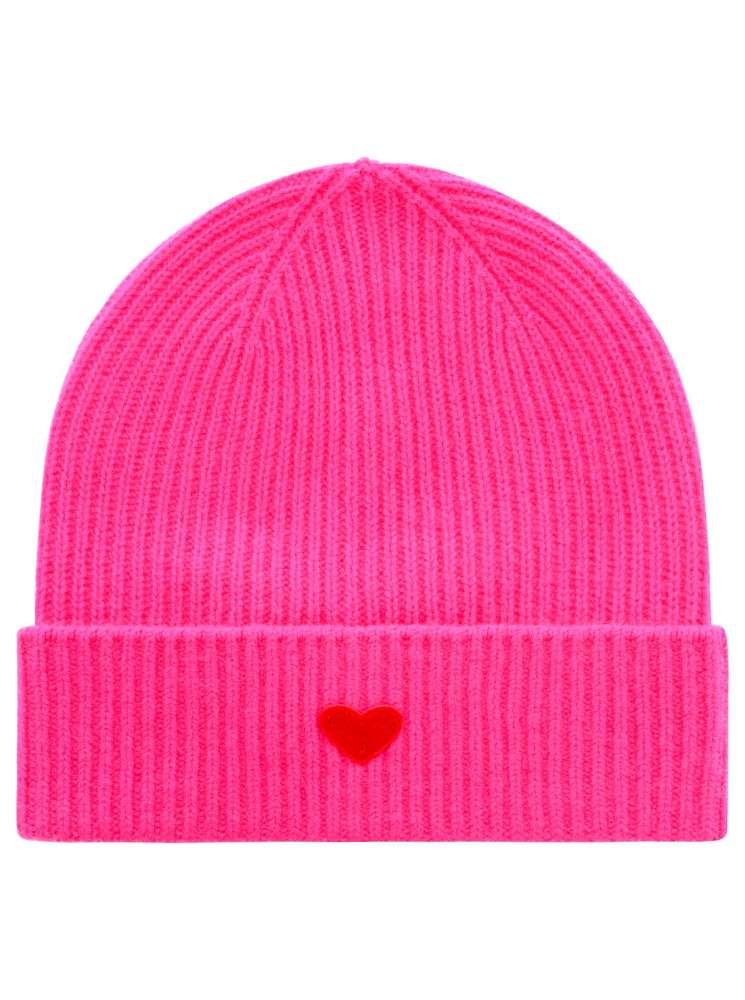 💕 Zwillingsherz Mütze "Ribbon Patch Herz" 100 % Kaschmir Umschlag Neonpink