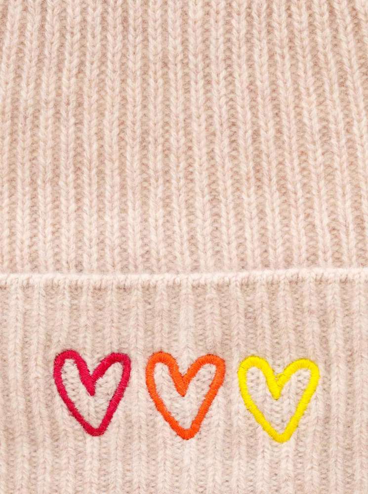 💕 Zwillingsherz Mütze "Herzstickerei" 100 % Kaschmir Umschlag Hellbeige