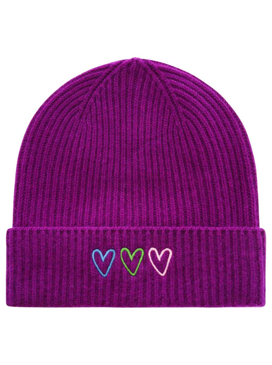💕 Zwillingsherz Mütze "Herzstickerei" 100 % Kaschmir Umschlag Lila