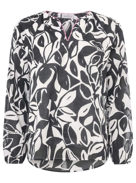 Zwillingsherz Bluse "Blätter Zweifarbig" 100 % Baumwolle Schwarz