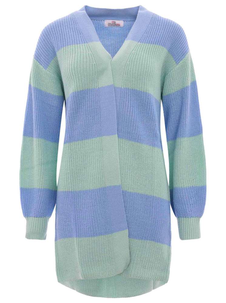 đź’• Zwillingsherz Strickjacke "Katja" Merinowolle Streifen Hellblau Mint