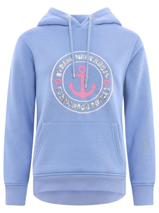 💕 Zwillingsherz Hoodie Sweatshirt "Paillette Strand Meer" Sweater Baumwolle Blau