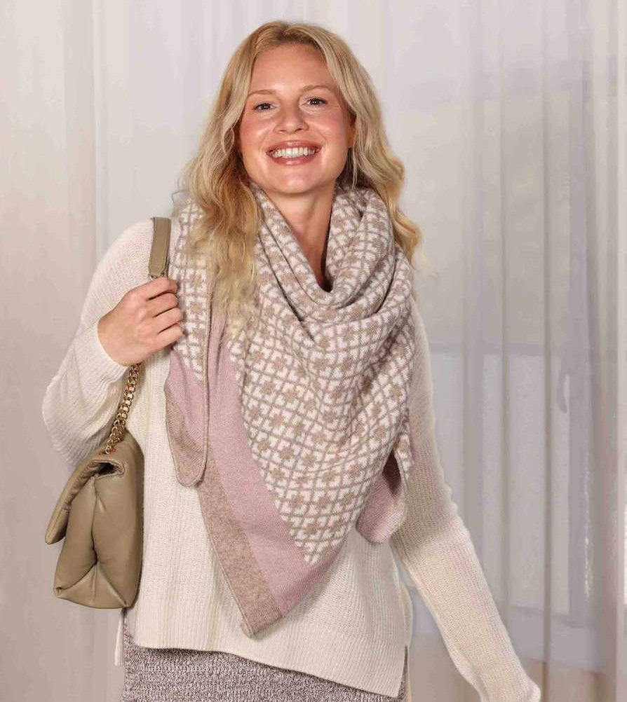 💕 Zwillingsherz Dreieckstuch "Raute an Raute" Wolle Kaschmir Beige Altrosa
