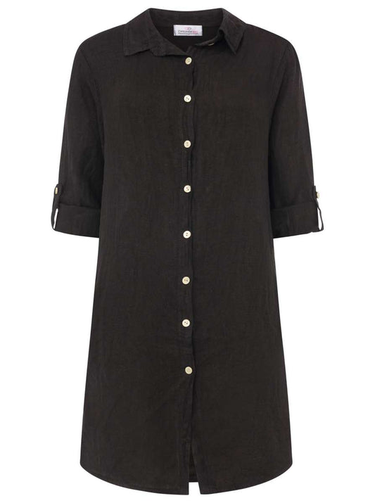 💕 Zwillingsherz 100% Leinen Oversize Kleidbluse "Uni Colors" Schwarz