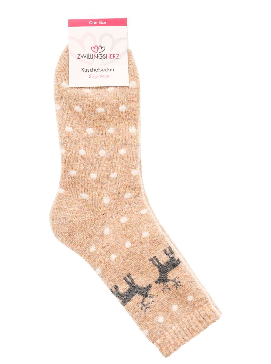 💕 Zwillingsherz Socken "Rentiere & Punkte" Kuschelsocken Beige